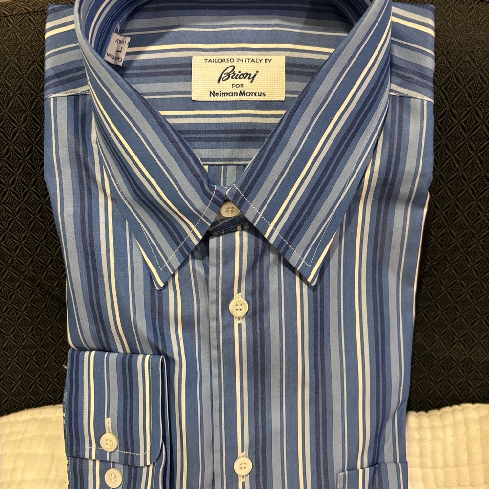 Brioni Men's Shirt in Blue and White Stripes